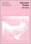 The cover image of Model Code of Practice for the Welfare of Animals: Domestic Poultry, featuring a pink tinted image of a chicken set into a plain pa