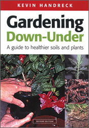 The cover image featuring a persons hands holding a green leaved plant in a black pot.  with three smaller images down the right side of worms, dirt a