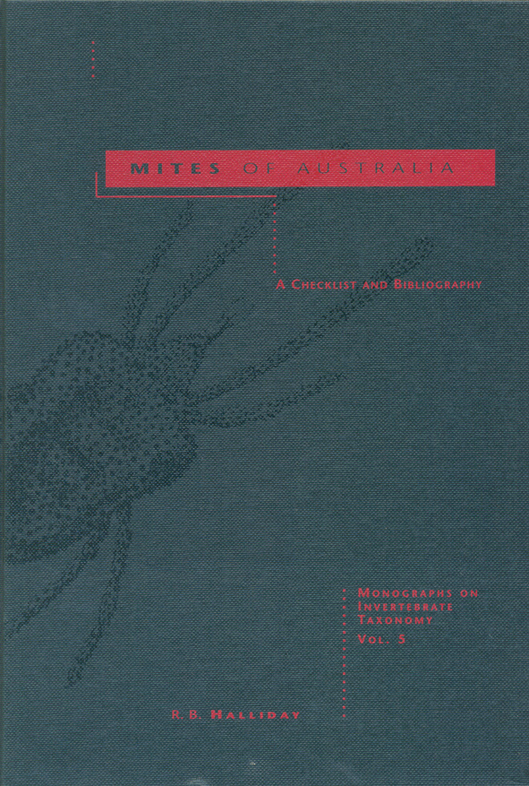 The cover image of Mites of Australia, featuring a plain grey cover, with a darker grey image of an Australian mite, with pink text.