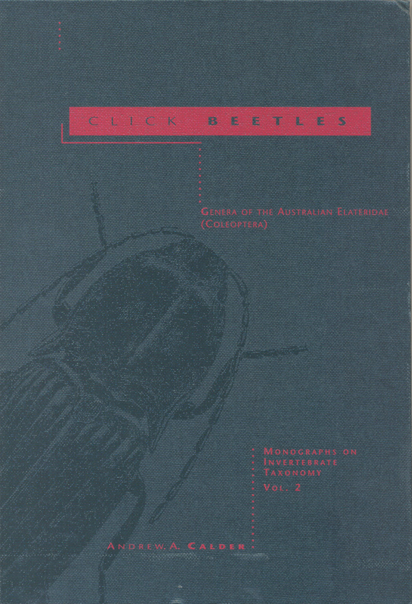 The cover image of Click Beetles, features a dark grey illustration of a click beetle against a lighter grey background with pink text.