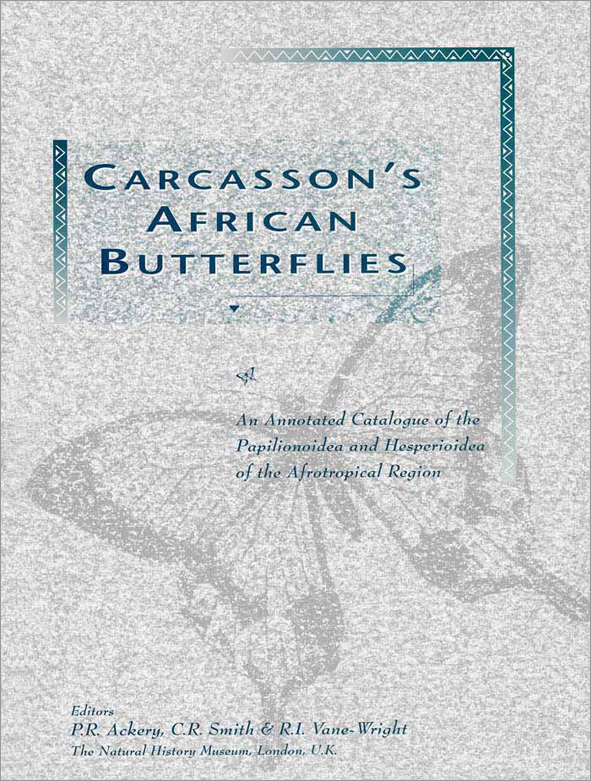 The cover image of Carcasson's African Butterflies, featuring a dark grey butterfly outline on a lighter grey cover, with green writing.