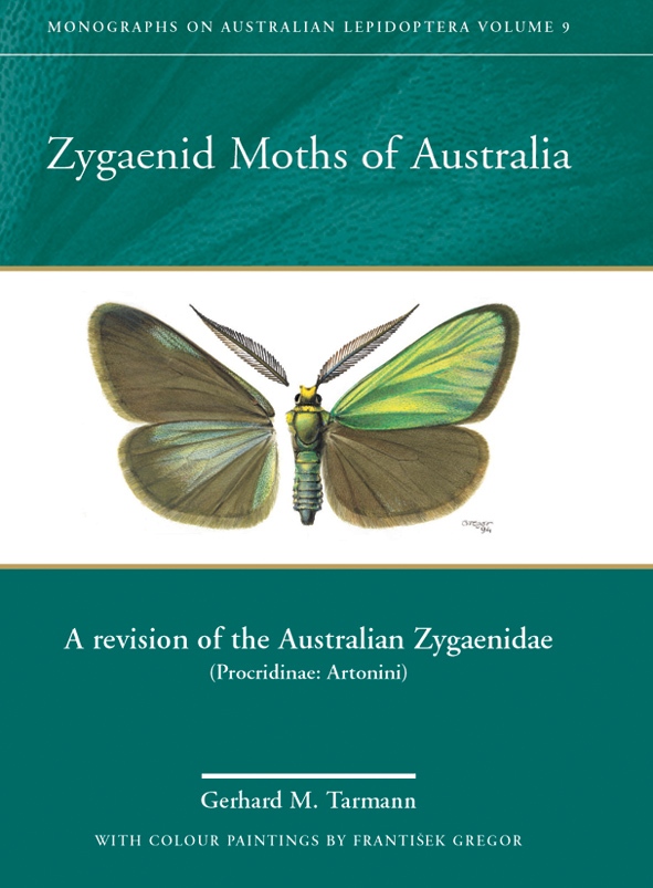 The cover image of Zygaenid Moths of Australia, featuring a moth with green wings, set against a plain white and green background.