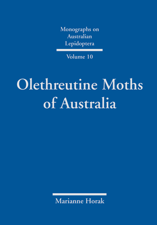 The cover image of Olethreutine Moths of Australia, featuring a plain mid blue cover with white text.