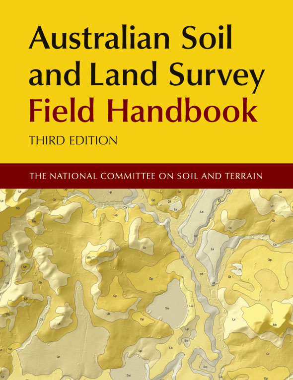 The cover image of Australian Soil and Land Survey Field Handbook, featuring a map of soil areas broken up into different shades of yellow.