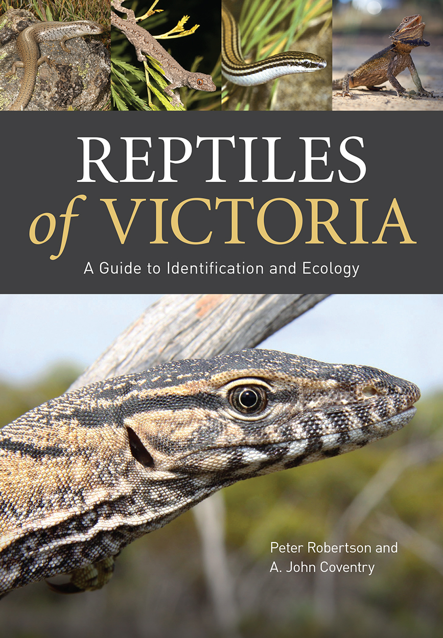 Cover of Reptiles of Victoria featuring a large photo of a goanna and smaller photos of other lizards