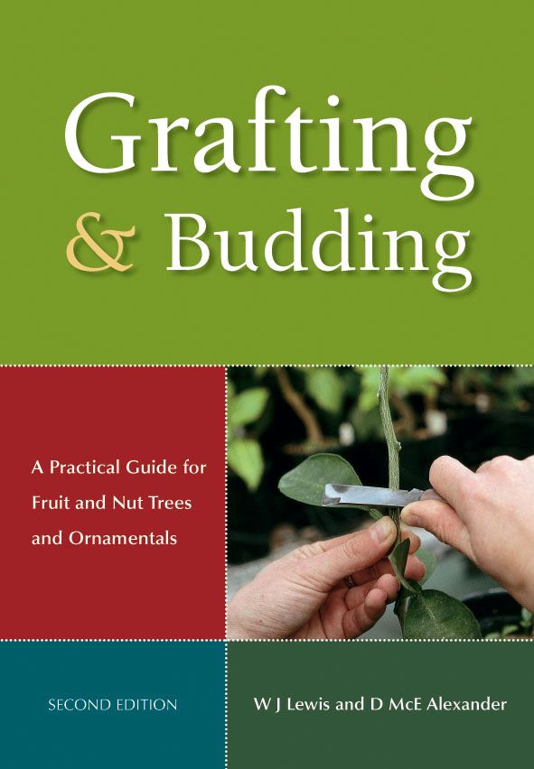 The cover image of Grafting and Budding, featuring two hands holding a plant stem, cutting into it with a razor blade. Plain coloured rectangles make