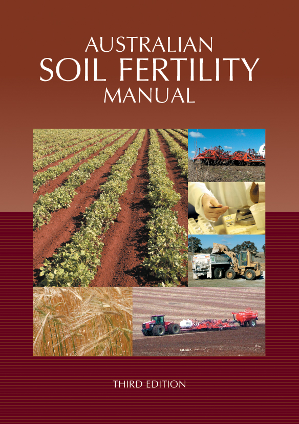 The cover image of Australian Soil Fertility Manual, featuring six images of farmed land from different aspects including, fields, equipment and produ