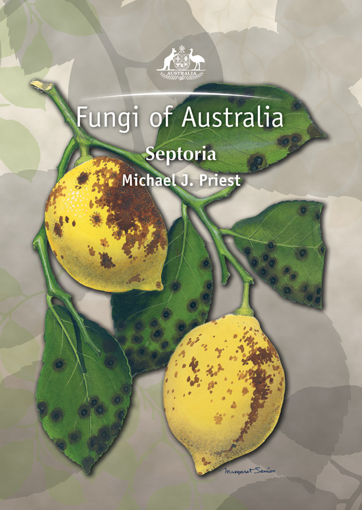 The cover image of Fungi of Australia: Septoria, featuring two yellow lemons and their green leaves covered in fungi, against a grey background.