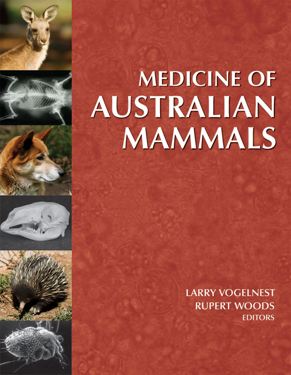 The cover image of Medicine of Australian Mammals, featuring pictures of Australian mammals, an animal skull, and x-ray view of animals down the left