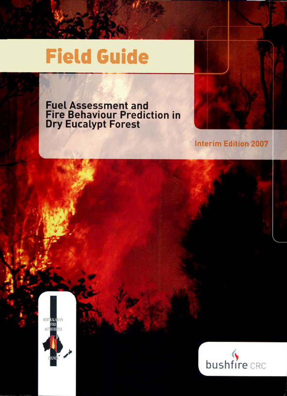 The cover image of Field Guide: Fire in Dry Eucalypt Forest, featuring the black silhouettes of trees against a raging red fire.