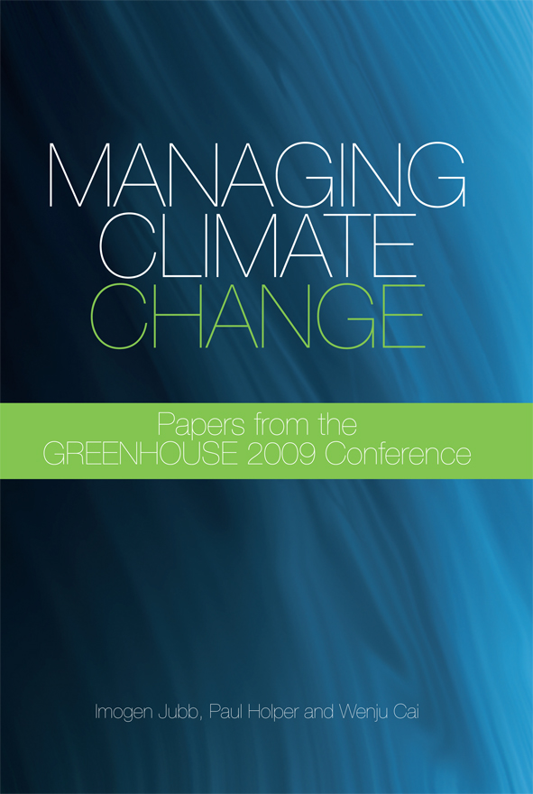 The cover image of Managing Climate Change, featuring a slightly textured blue cover graduatating from a dark to pale shade.