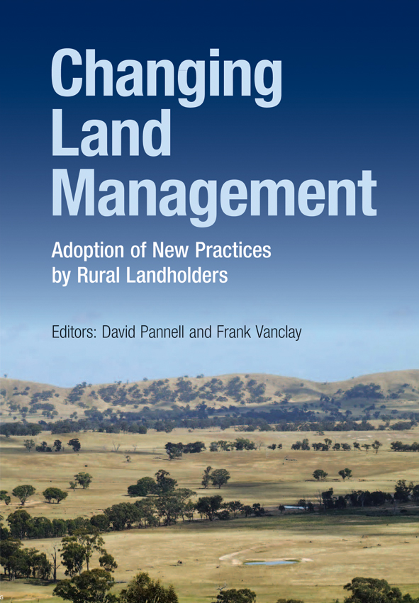 The cover image of Changing Land Management, featuring a landscape view of cleared green farm land smattered with trees.