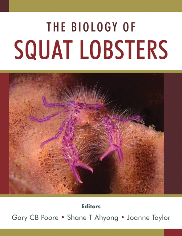The cover image of Biology of Squat Lobsters, featuring a hairy pink squat lobster with its claws open.