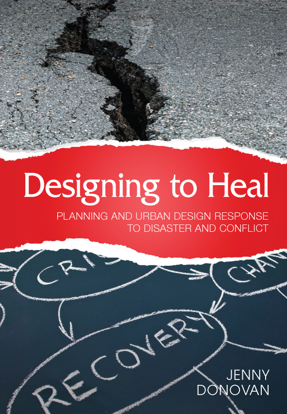 The cover image of Designing to Heal, features a close up view of a crack in pavement and a chalk flow chart on a blackboard.