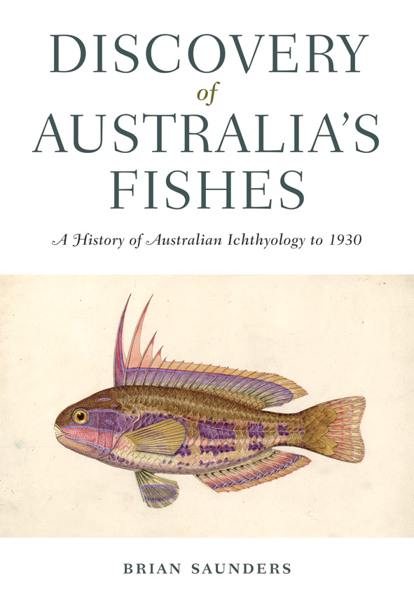 The cover image of Discovery of Australia's Fishes, featuring an illustrated purple and brown side view of a fish, against a plain cream backdrop.