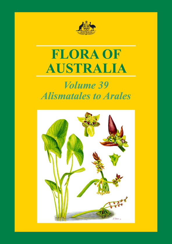 The cover image of Flora of Australia Volume 39, featuring bright green australian plants against a white, yellow and green background.