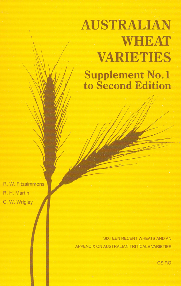 The cover image of Australian Wheat Varieties Supplement No.1, features the medium brown outline of a two stalks of wheat against a bright sunshine ye