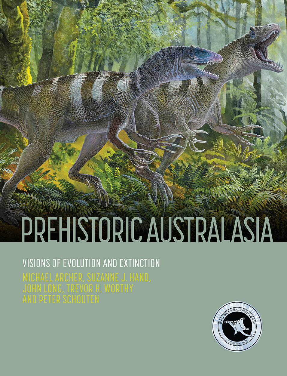 Cover of 'Prehistoric Australasia', featuring a painting of two predatory theropods running through rainforest.