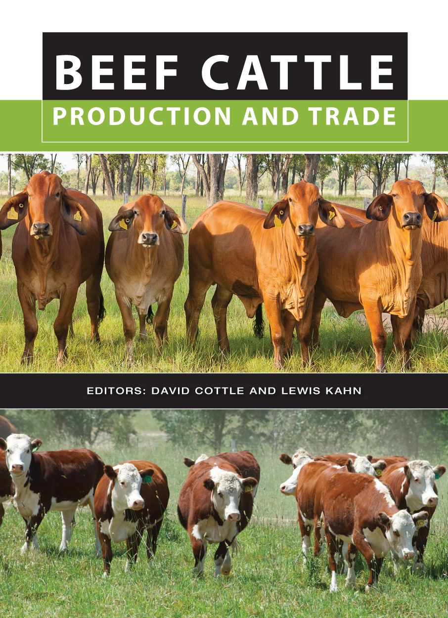 The cover of Beef Cattle Production and Trade, featuring photos of four caramel coloured cows standing in yellow grass, and a group of red and white c