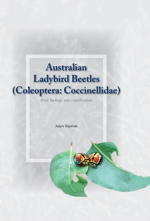 The cover image featuring two red, yellow and black beetles next to each other on two green leaves with a pale grey background.