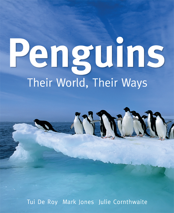 The cover image of Penguins, featuring a photograph of a group of black and white penguins standing on an iceberg, the foreground is clear pale blue w