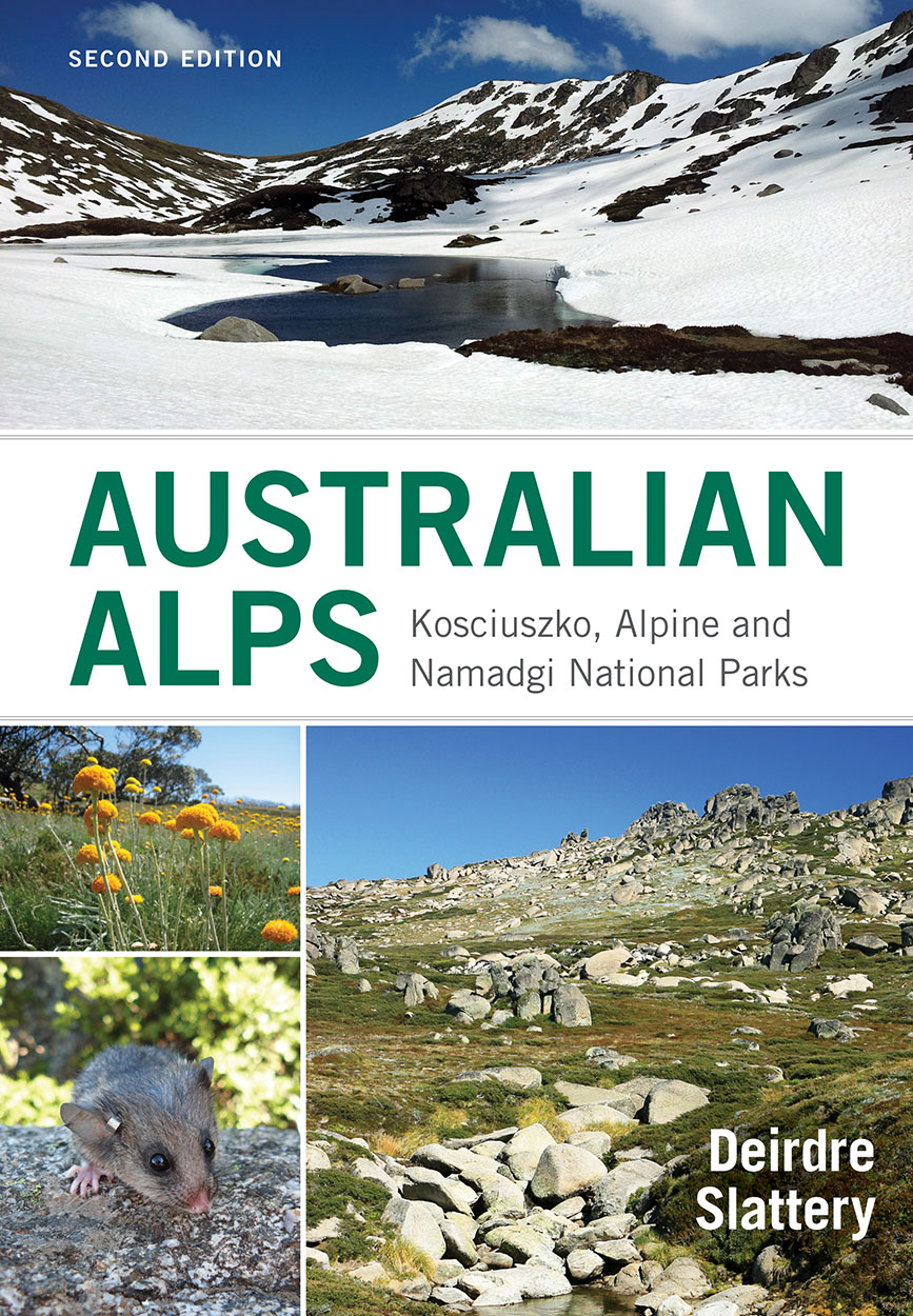 Cover featuring images of snow-covered alps with a lake, flowers, a mountain pygmy possum and a rock-strewn hill in summer.