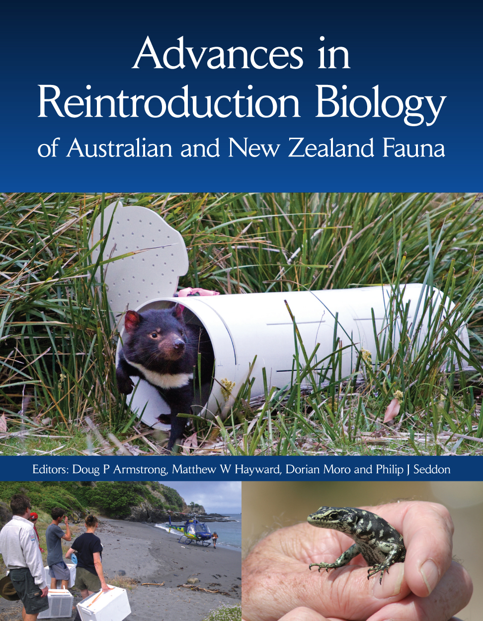Cover image showing Tasmanian Devil being released from tube into a field and two smaller pictures showing fauna reintroduction, on blue background.