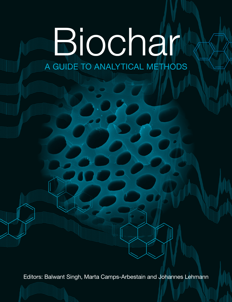 Cover featuring an abstract arrangement of a microscope image of biochar and some chemical structures