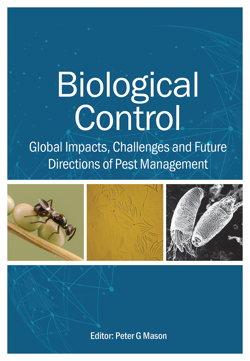 Cover of the book Biological Control, featuring a white title on a blue background, and a row of three images showing biological control agents.