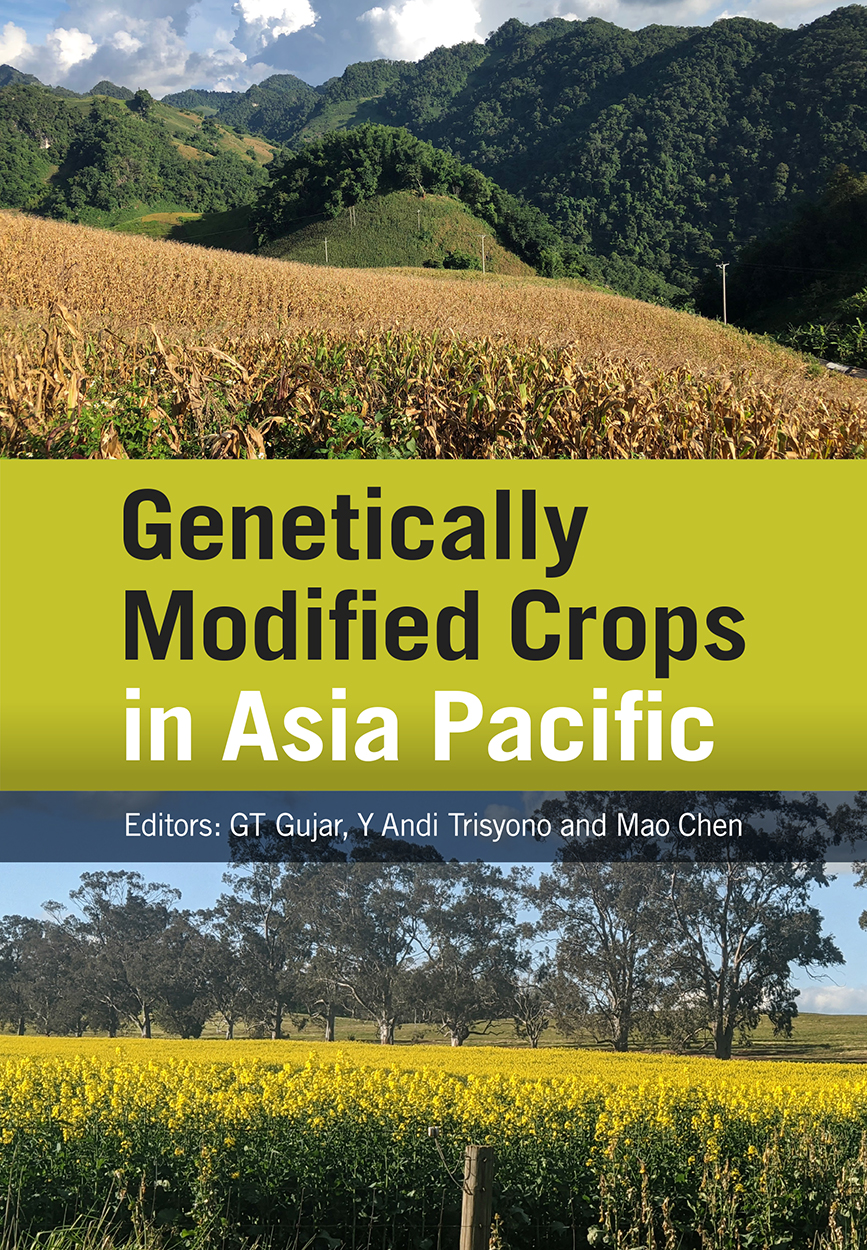 Cover of Genetically Modified Crops in Asia Pacific, featuring photos of a field of corn in Vietnam and a field of canola in Australia.