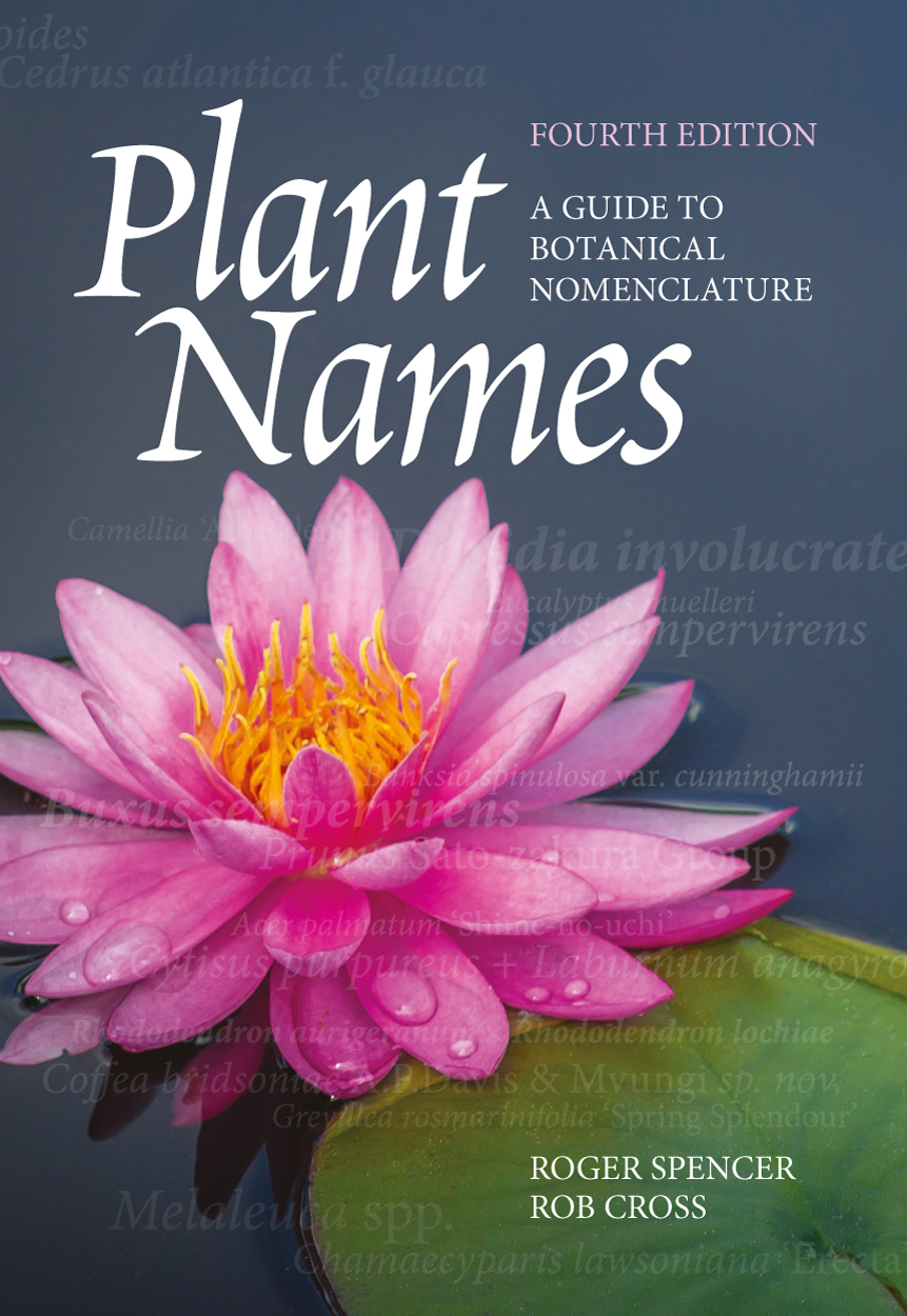 Cover of Plant Names featuring a pink waterlily flower on a grey water background