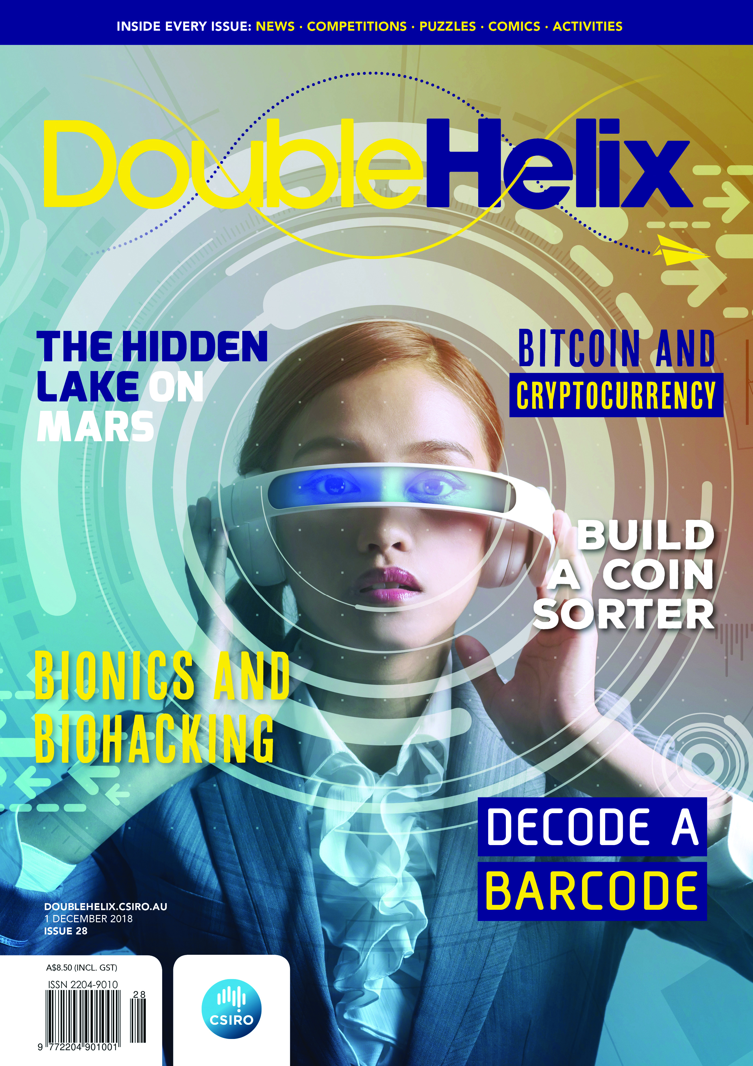 Magazine cover with girl in suit holding futuristic glasses to her face.