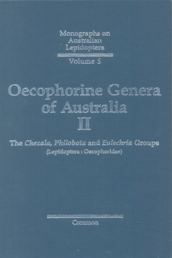 The cover image of Oecophorine Genera of Australia II, featuring a plain blue cover with silver text.