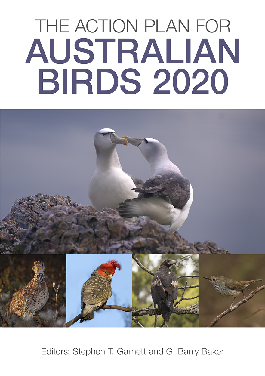 Cover of 'The Action Plan for Australian Birds', featuring a large image of two shy albatrosses and thumbnails images of a plains-wanderer, a gang-gan
