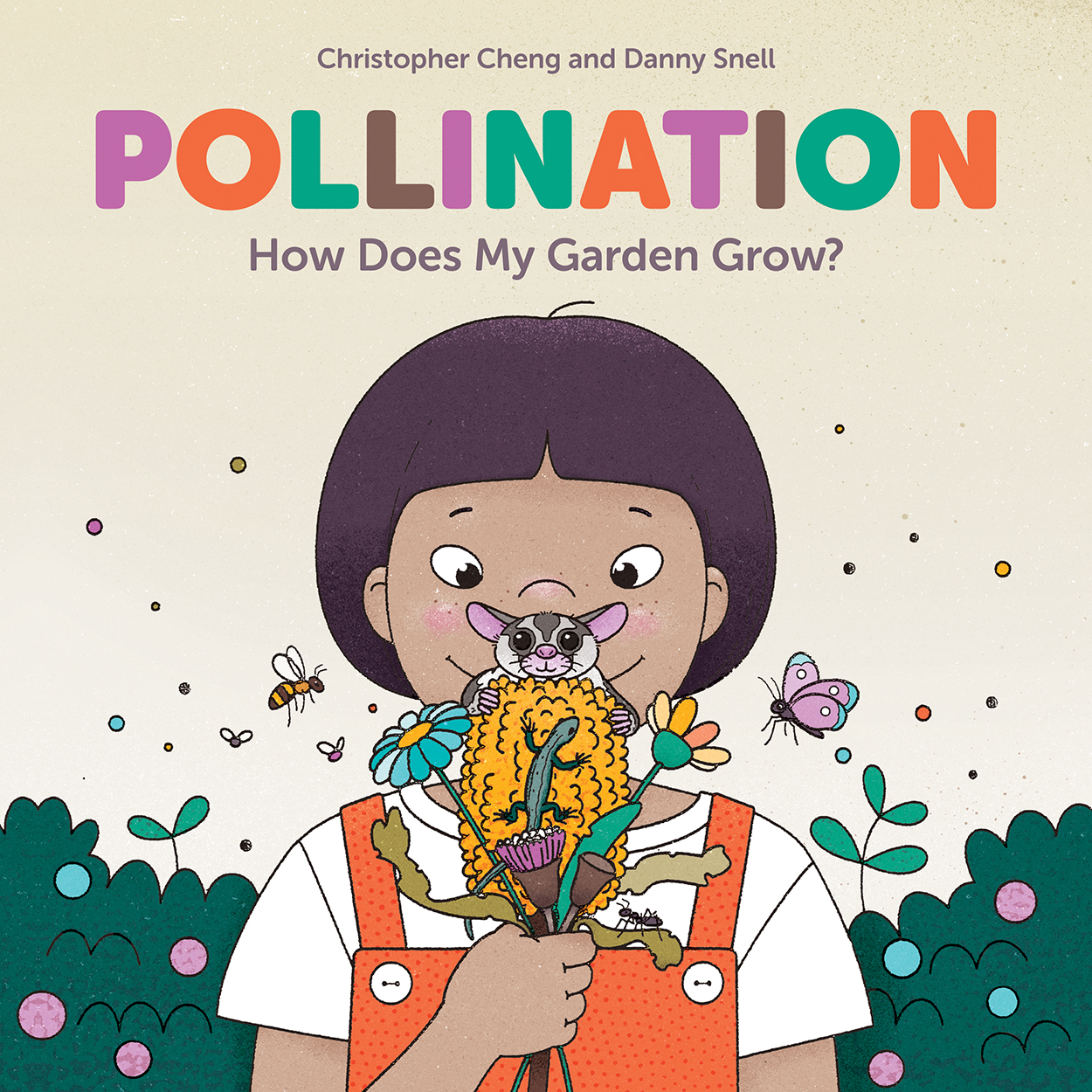 Cover of 'Pollination', featuring an illustration of a child holding a posy of flowers that are surrounded by a butterfly, a bee, a skink and a sugar
