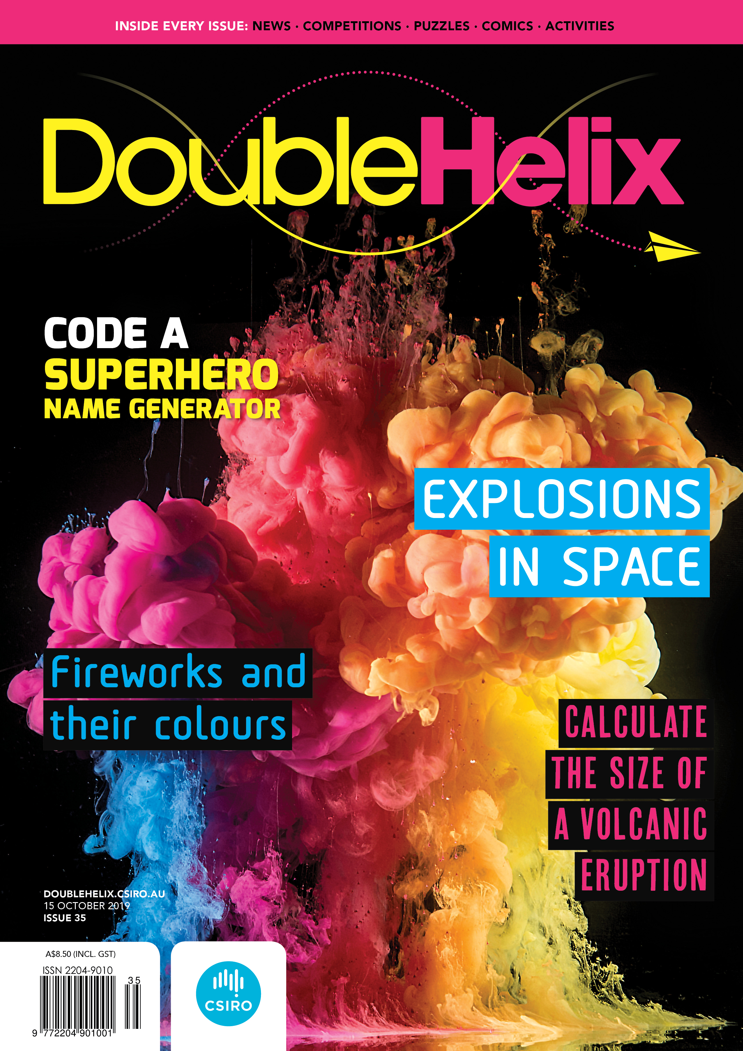 Cover of Double Helix magazine Issue 35 showing clouds of different coloured pigment on a black background.