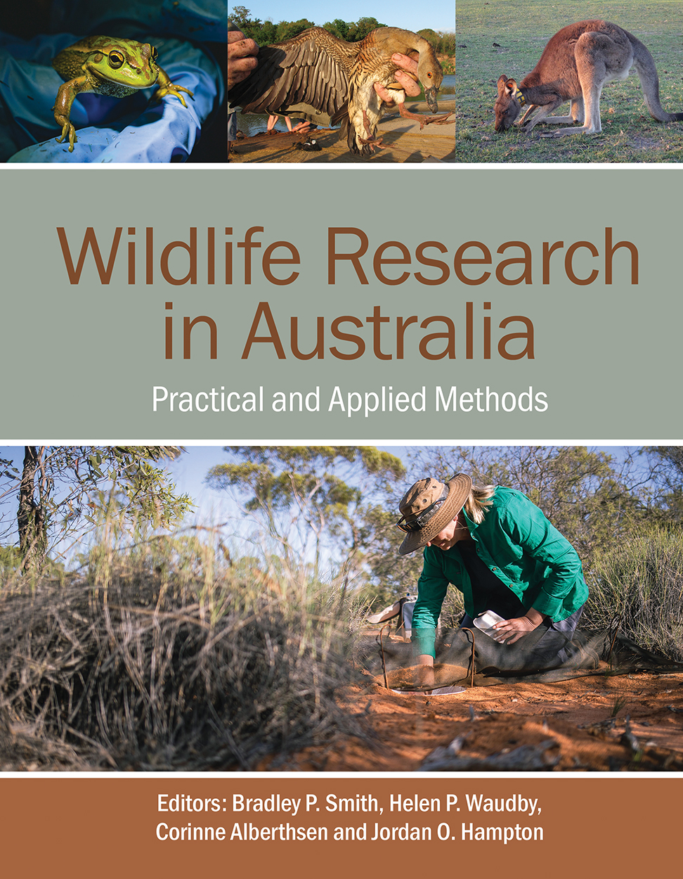 Cover of 'Wildlife Research in Australia', featuring a photo of a woman checking an animal trap in bushland, as well as images of a frog in gloved han