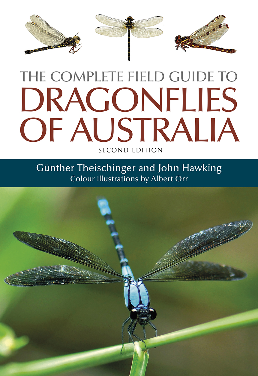 Cover of 'The Complete Field Guide to Dragonflies of Australia, Second Edition' featuring a large blue dragonfly resting on a green stalk, with three