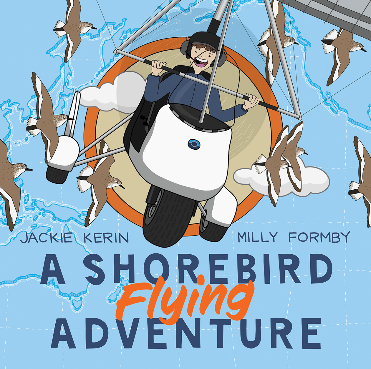 Cover of 'A Shorebird Flying Adventure', featuring an illustration of Milly on her microlight aircraft surrounded by flying birds.