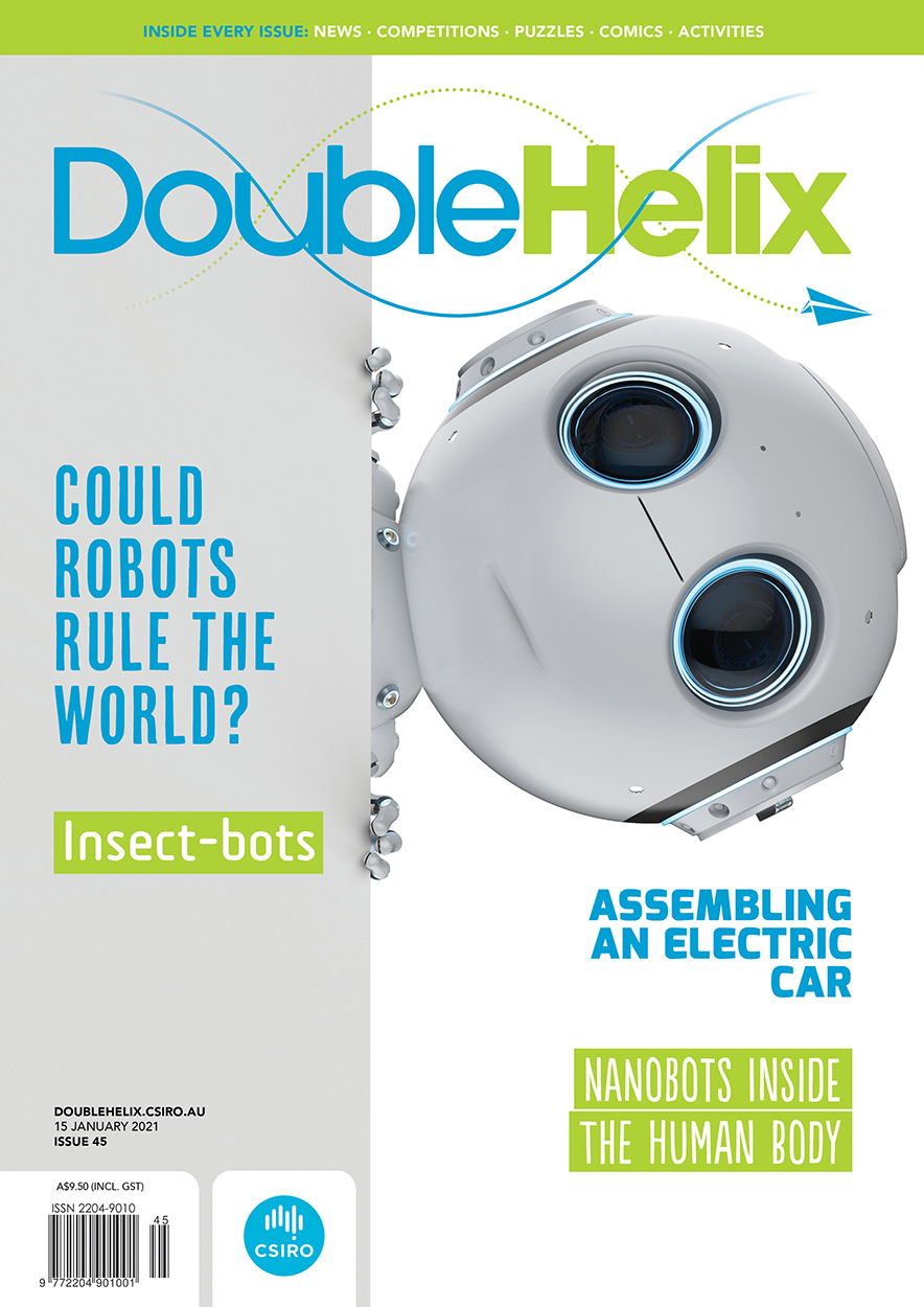 Cover of Double Helix magazine Issue 45, featuring a matte silver robot with a round head and large circular 