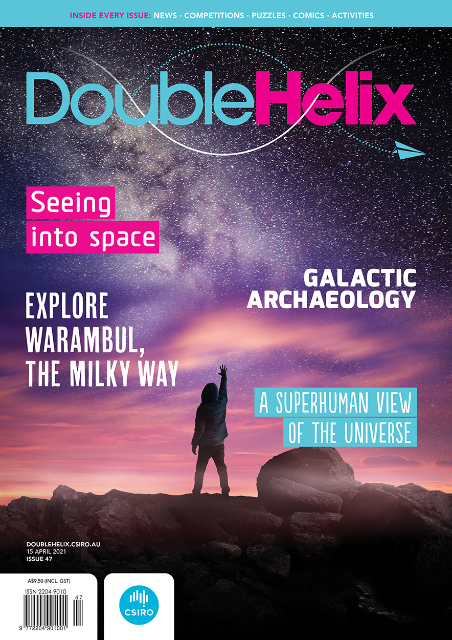 Cover of Double Helix magazine Issue 47, featuring an illustration of a person standing on a rocky ridge, with one hand raised in the air. The evening
