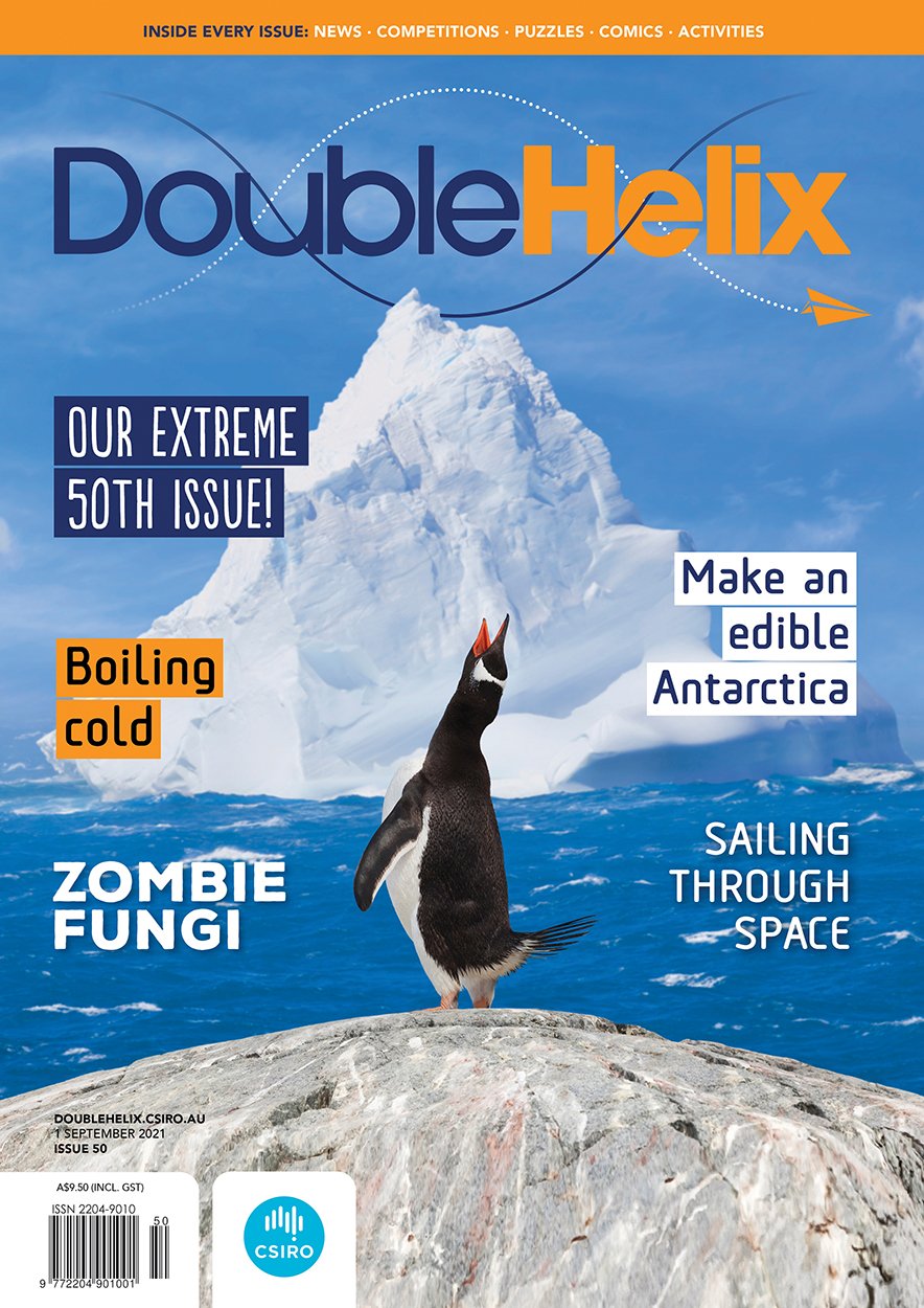 Cover of Double Helix magazine Issue 50, featuring a photo of a penguin standing on a rock with its beak open and raised straight up in the air. Behin