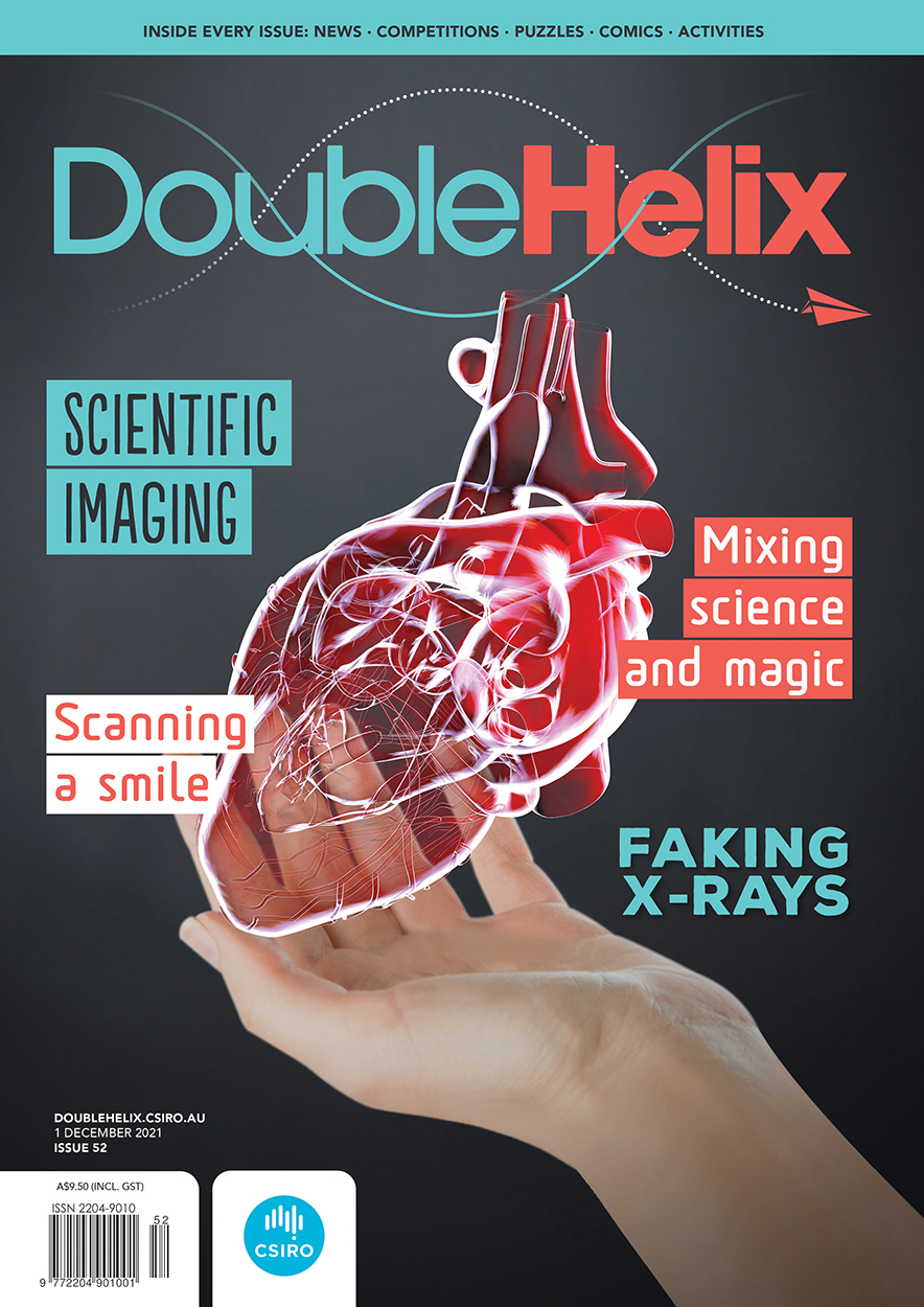 Cover of 'Double Helix' magazine issue 52, featuring a digital illustration of an anatomical heart floating above someone's hand.