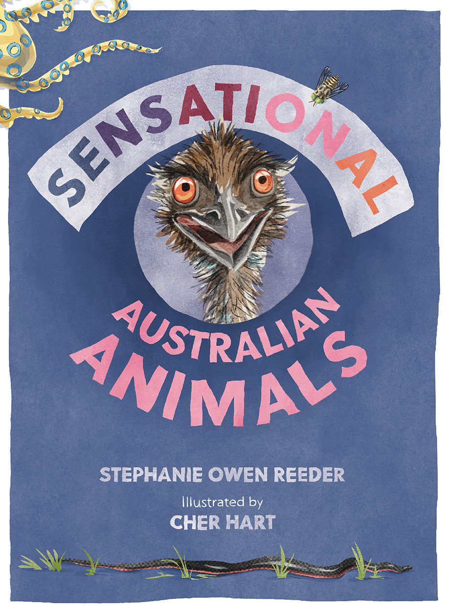 Cover of 'Sensational Australian Animals', featuring illustrations of an emu, a blue-ringed octopus, a fly, and a red-bellied black snake.