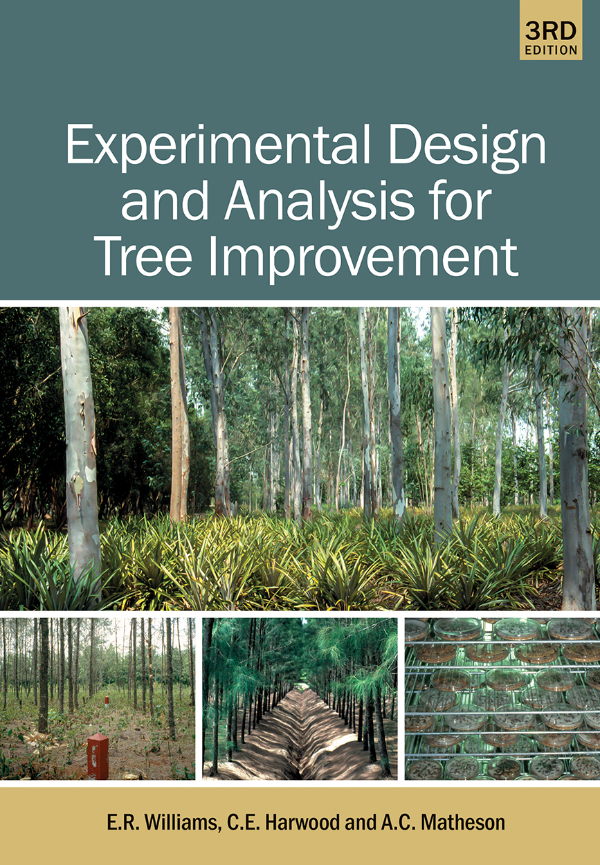 Cover of 'Experimental Design and Analysis for Tree Improvement' featuring photos of three different tree plantations, and racks of petri dishes conta