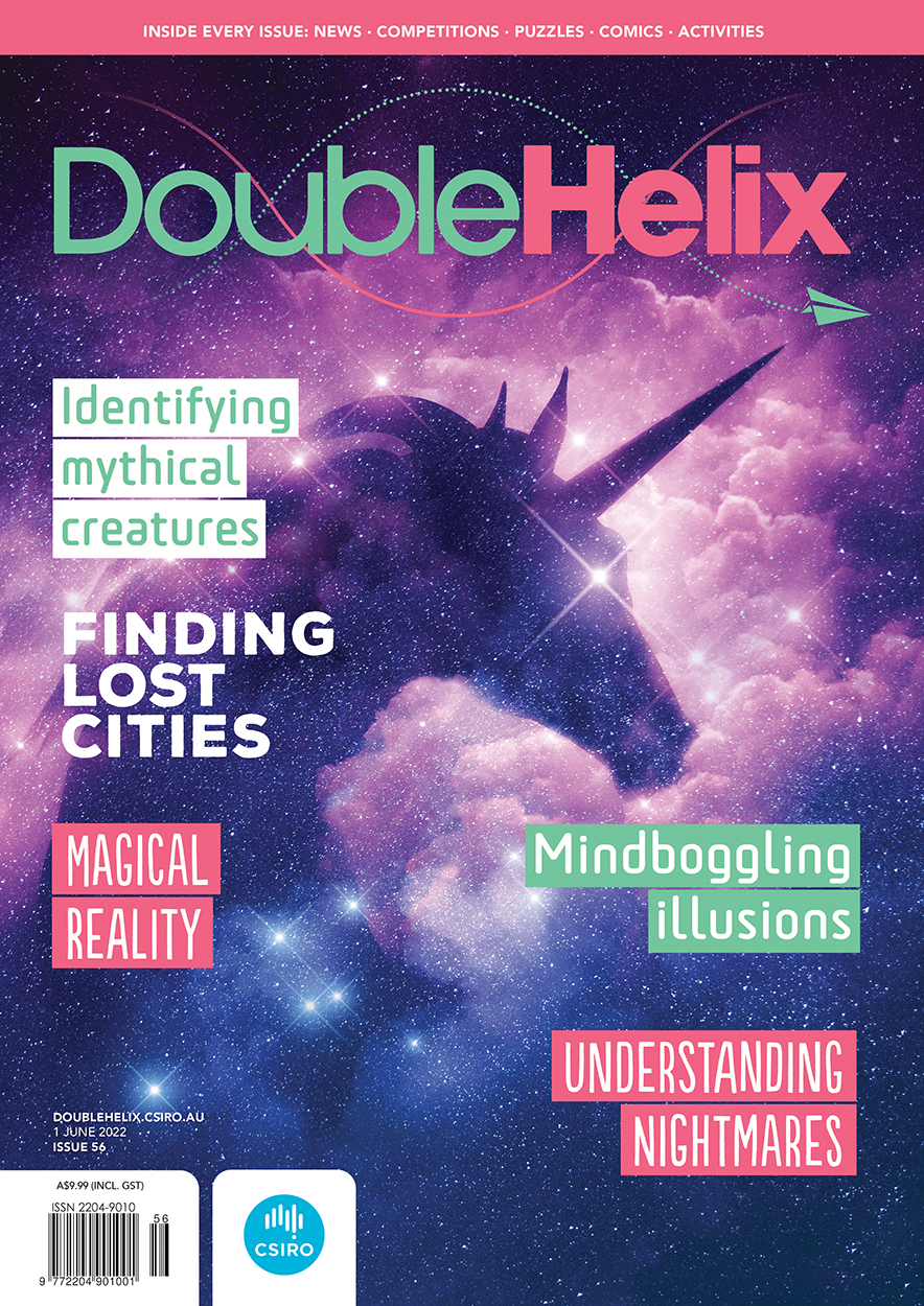 Cover of 'Double Helix' magazine issue 56, featuring an illustration of a unicorn silhouette in clouds against a starry sky.