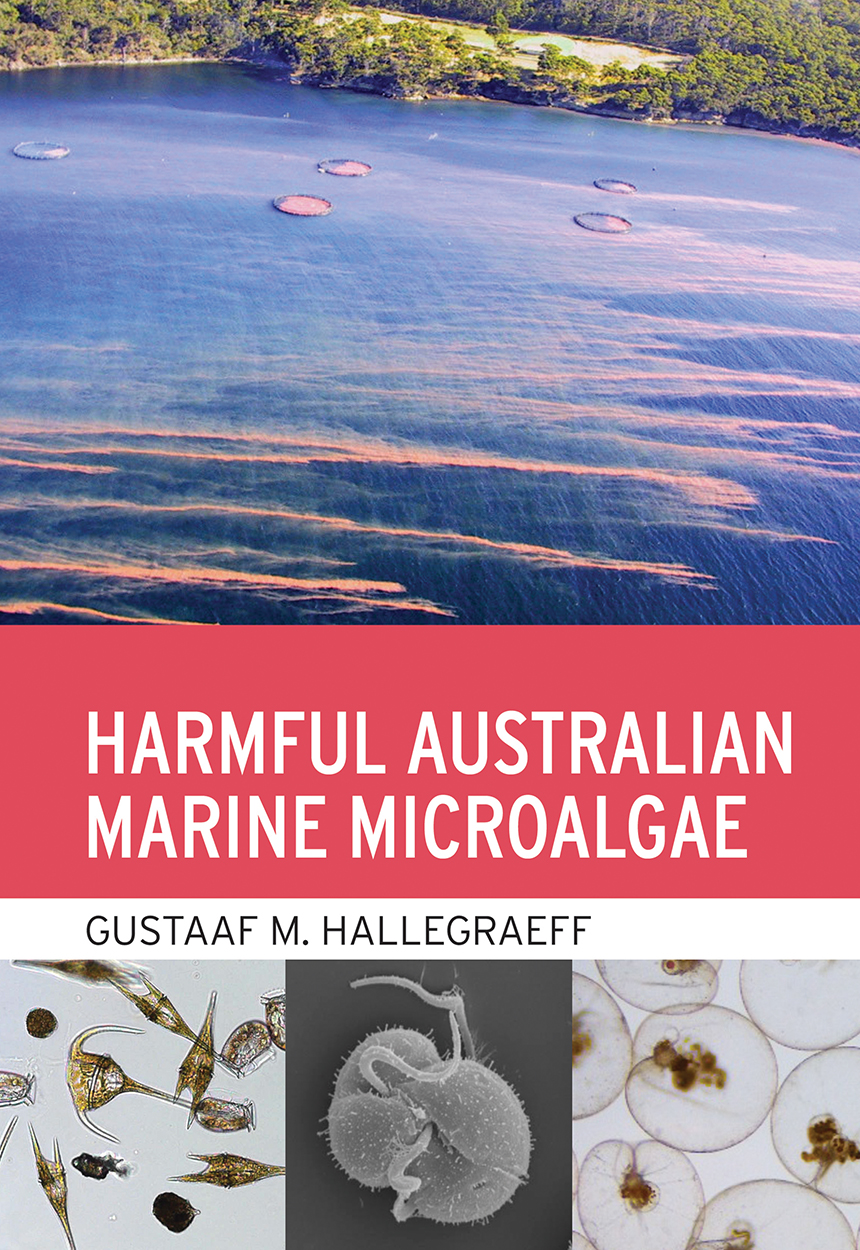 Cover of 'Harmful Australian Marine Microalgae', showing an algal bloom in the ocean and microscopic images of algae.