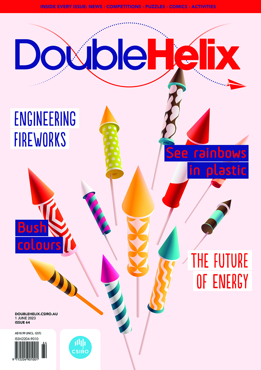 Cover of 'Double Helix' magazine issue 64, featuring a spray of brightly patterned fireworks rockets.