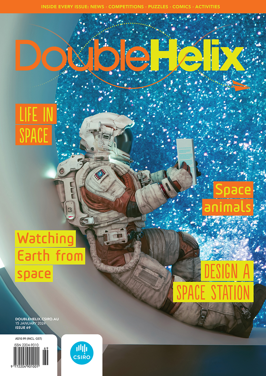 Cover of 'Double Helix' magazine issue 69 showing an astronaut in a space suit on a space station, reading a book with a brillant view of the stars.