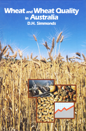 The cover image of Wheat and Wheat Quality in Australia, featuring tall golden wheat, against a clear bright blue sky, with four smaller images of gra